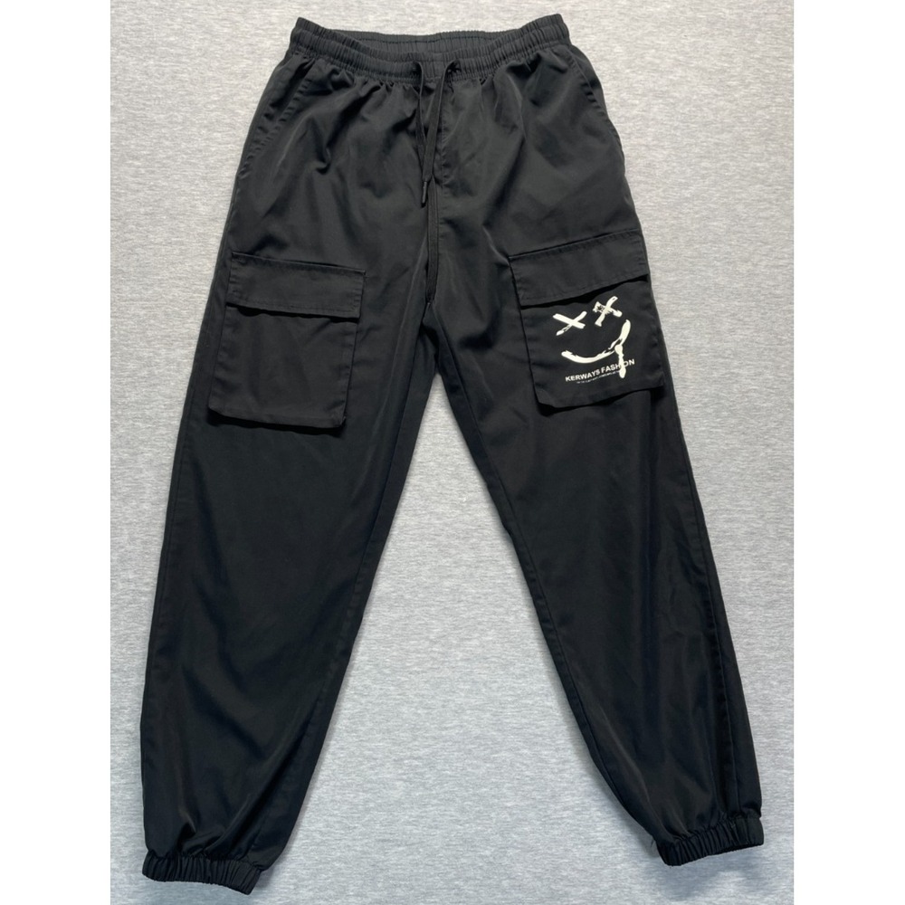 Kerways Fashion Cargo Jogger Pants Unisex Medium Black Graphic Graffiti Smile